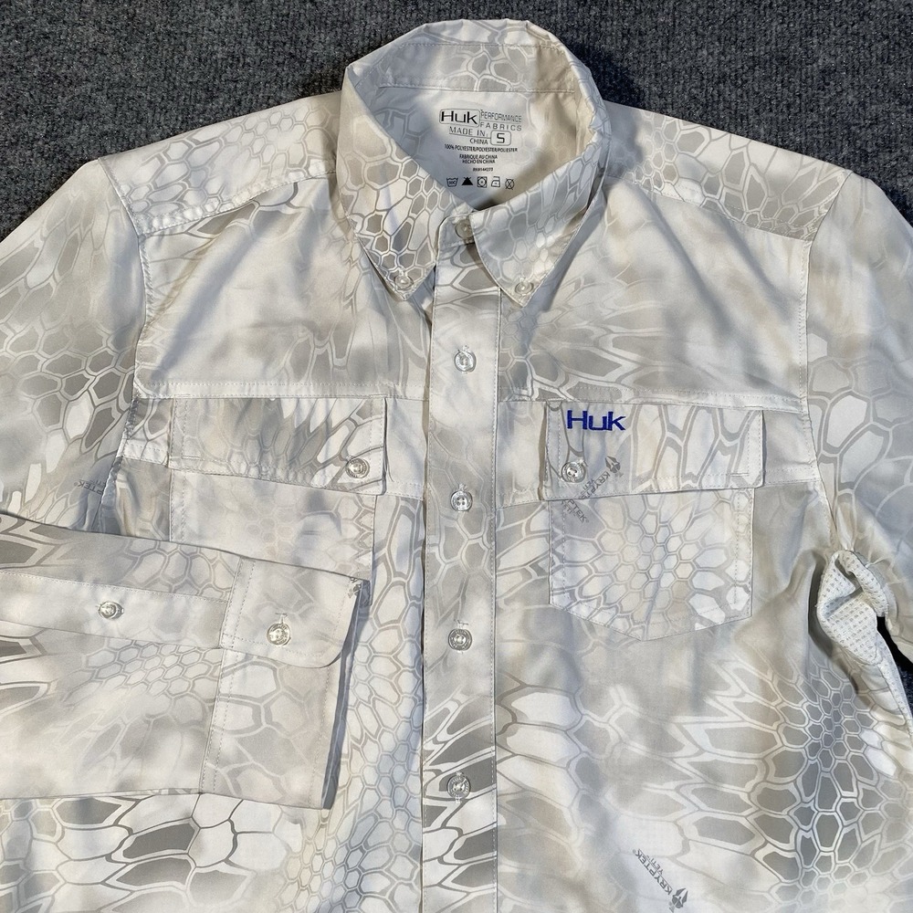 Huk Kryptek Yeti Long Sleeve Button Fishing Shirt Mens Small Stretch Vented